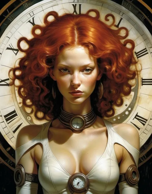 Prompt: Lynia Tempus, The Sorceress Of Time And Space, beautiful, well endowed, red hair, curls, a halo of clocks behind her by Dave McKean