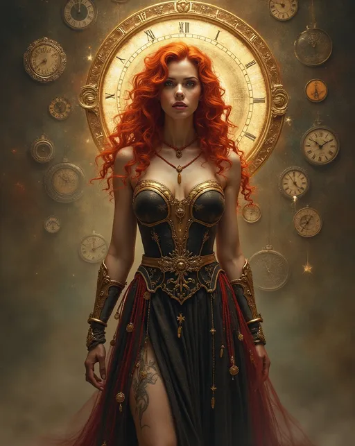 Prompt: Lynia Tempus, The Sorceress Of Time And Space, beautiful, well endowed, red hair, curls, a halo of clocks behind her.