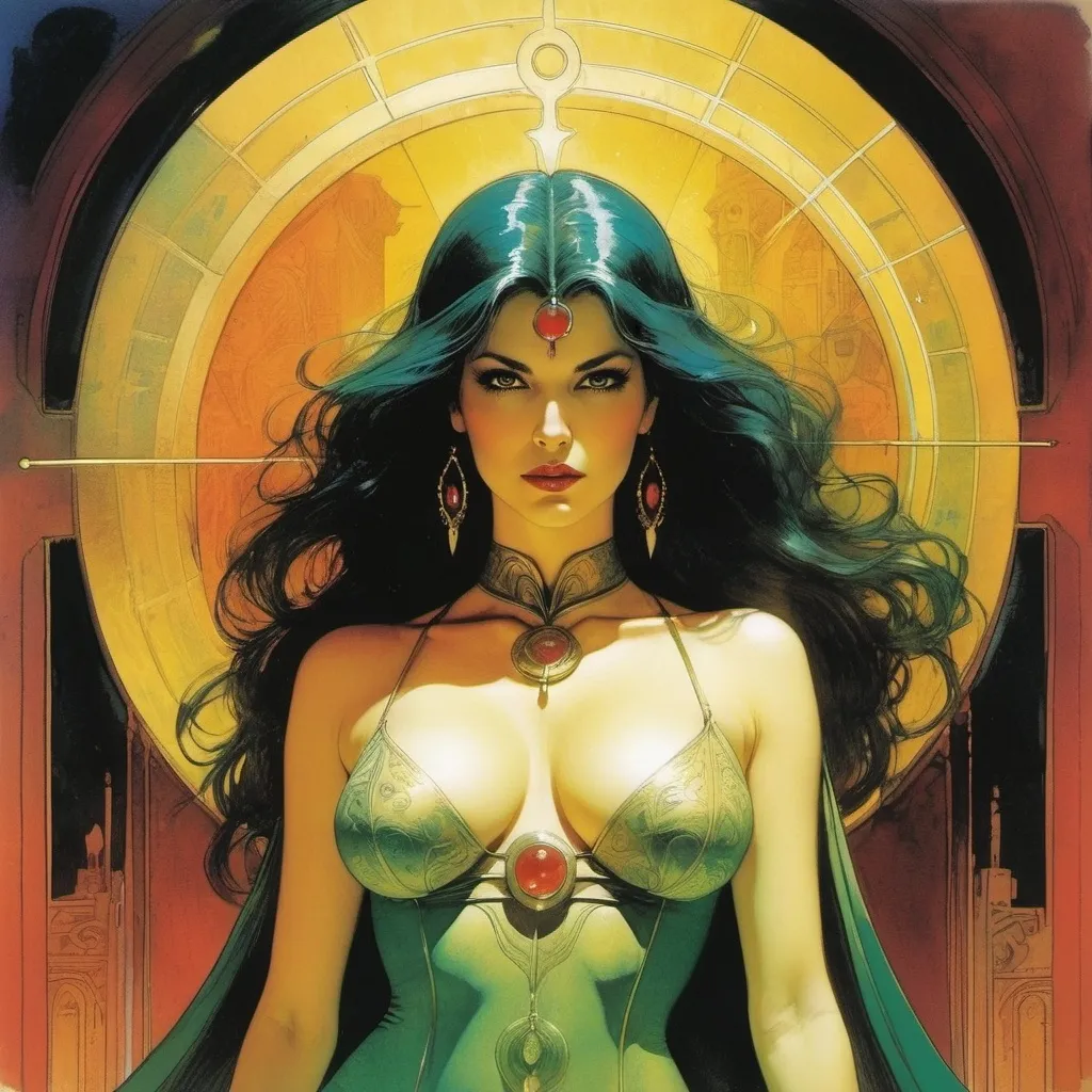 Prompt: Keeper of the Doorway To Nightmare, immortal, seer, a halo of Tarot cards behind her, the beautiful, well endowed Madame Xanadu by Bill Sienkiewicz
