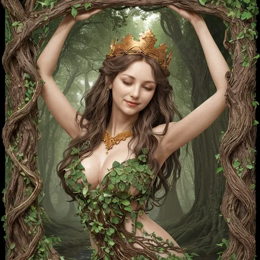 Prompt: Arborea Whisperwind, a majestic treant with an ancient soul, stands tall at fifty feet, her bark a rich tapestry of greens and browns, mottled with the whispers of a hundred seasons. Her branches, laden with leaves of emerald and gold, sway gently in the breeze, revealing the intricate carvings that weave through her wooden frame. A crown of ivy adorns her head, hinting at her connection to the forest's deepest secrets. Her eyes, twin pools of softly glowing amber, peer out from within the bark that forms her face, holding the warmth and wisdom of countless generations. Her mouth, a gentle curve of bark and foliage, often breaks into a knowing smile that seems to hold the very whispers of the leaves themselves. Her body is robust yet elegant, with a trunk that widens gracefully before branching into powerful limbs that end in hands of intertwined roots, capable of both delicate artistry and fierce protection. Her feet, a network of thick, gnarled roots, anchor her to the earth, drawing strength and sustenance from the soil. The air around her is always alive with the scent of damp earth and blooming flora, a testament to her vibrant essence.