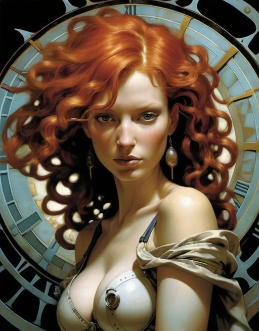 Prompt: Lynia Tempus, The Sorceress Of Time And Space, beautiful, well endowed, red hair, curls, a halo of clocks behind her by Dave McKean