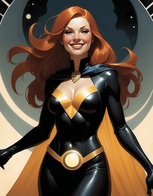 Prompt: Helene Helia, the cloaked superhero known as The Solar Sorceress, beautiful, cute smile, well endowed, auburn hair, art deco patterns, hero, the bringer of light against the forces of darkness by Adam Hughes