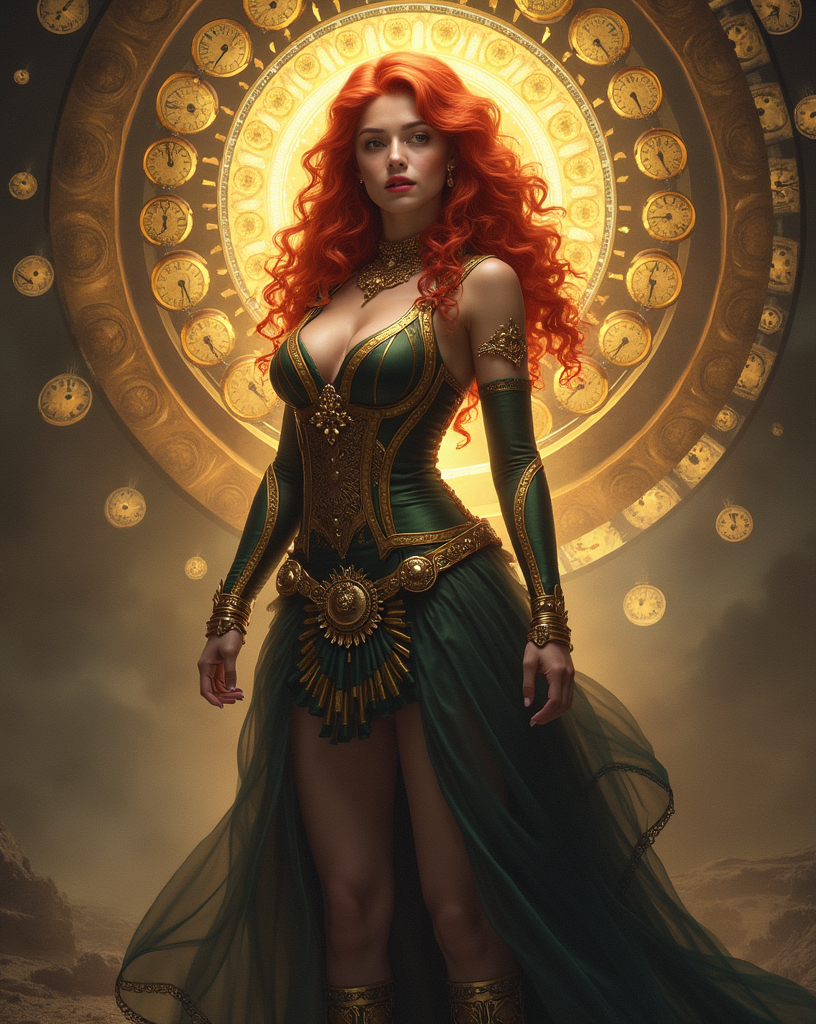 Prompt: Lynia Tempus, The Sorceress Of Time And Space, beautiful, well endowed, red hair, curls, a halo of clocks behind her.