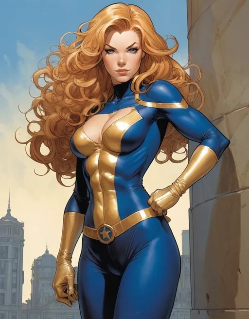 Prompt: Shauna Murphy, the giantess superhero known as Tower Girl, beautiful, blonde/auburn hair,  soft curls, royal blue and gold full body costume, soft gentle smile, curves, standing 50 foot high, nemesis of evil by Adam Hughes