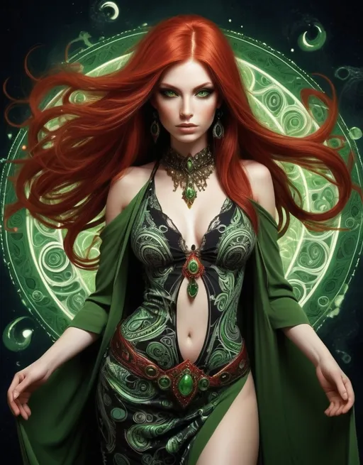 Prompt: Jesamine Flowerchild, elemental sorceress, beautiful, well endowed, red hair, green and black paisley patterns, emerging from the earth to save mankind from dark forces