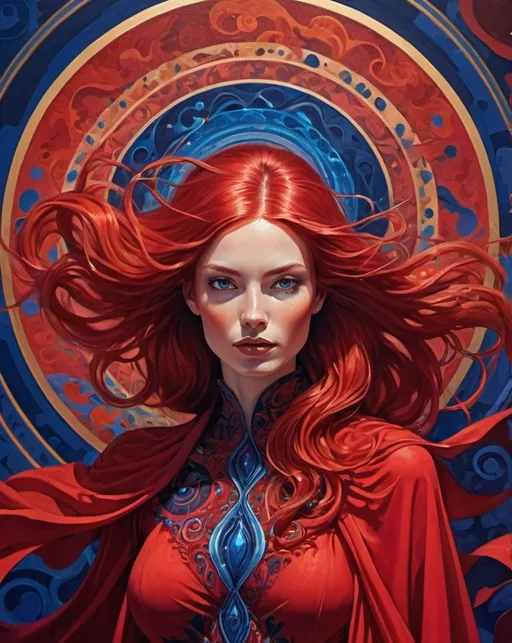 Prompt: Mage Crimson (painting of a woman in a striking red dress), vibrant, flowing red hair, red cape draping elegantly, (deep blue psychedelic background), surreal forms and patterns intertwining, created in the style of Barclay Shaw, rich color saturation, ethereal and dreamlike atmosphere, (intricate textures), visually captivating, 4K quality, poster art aesthetic.