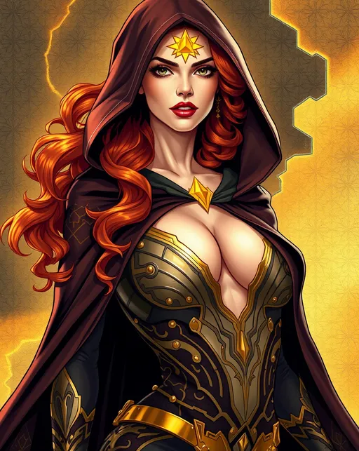 Prompt: Helene Helia, the cloaked superhero known as The Solar Sorceress, beautiful, well endowed, auburn hair, art deco patterns, hero, the bringer of light against the forces of darkness by Adam Hughes