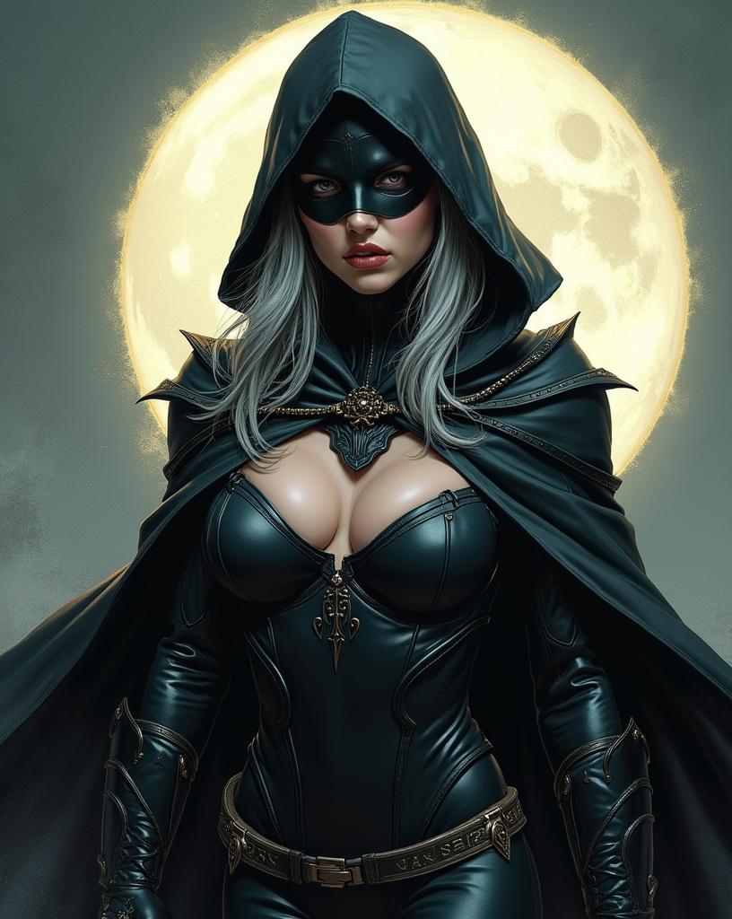 Prompt: Cloaked female superhero The Ghost Hawk, grey hair, beautiful, haunting, domino mask, well endowed, a halo of the moon behind her, detailed, dark colors, dramatic, full body pose graphic novel illustration,  2d shaded retro comic book by Adam Hughes 