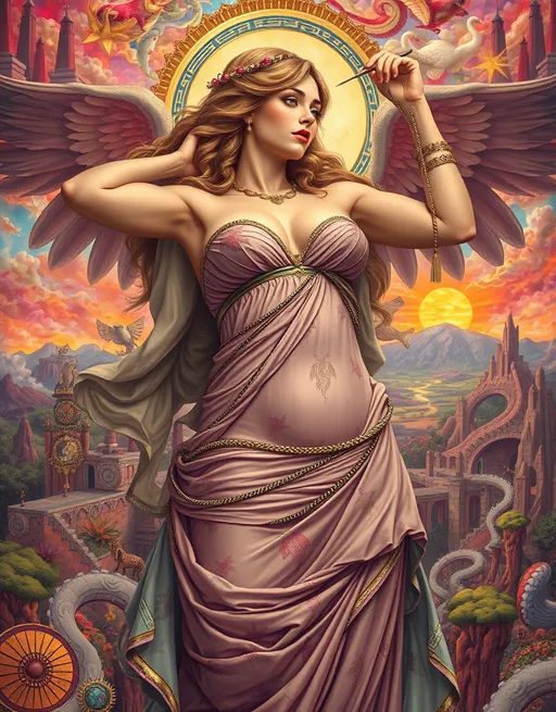 Prompt: Surrealist depiction of a beautiful well endowed woman as the goddess Athena, showcasing an ethereal and dreamlike atmosphere, vibrant color scheme with bold and striking hues, intricate patterns and details, flowing drapery and mythical elements, an enchanting background filled with whimsical shapes and fantastical landscapes, capturing the essence of ancient wisdom and strength, ultra-detailed, high quality 4K. By Alphonse Mucha