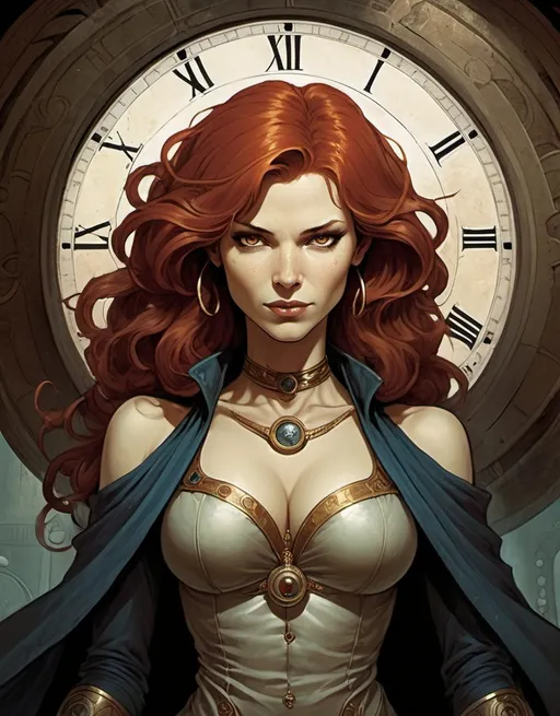 Prompt: Lynia Tempus, The Sorceress Of Time And Space, beautiful, well endowed,   red hair, soft curls, soft gentle smile, a halo of clocks behind her, detailed, dark colors, dramatic, graphic novel illustration,  2d shaded retro comic book by Ben Templesmith