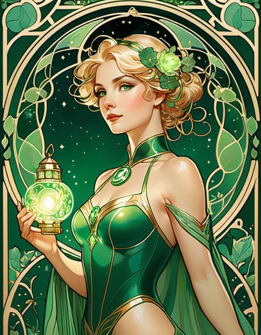 Prompt: (Power Girl as Green Lantern), (Alphonse Mucha style), elegant art nouveau, intricate line work, fluid forms, harmonious color palette of deep greens and shimmering golds, ethereal atmosphere, lush floral elements entwined with glowing green energy, high-quality detail, dreamy and fantasy-inspired scene, captivating expression, radiant lantern glowing softly in her hand, magazine cover art elegance.