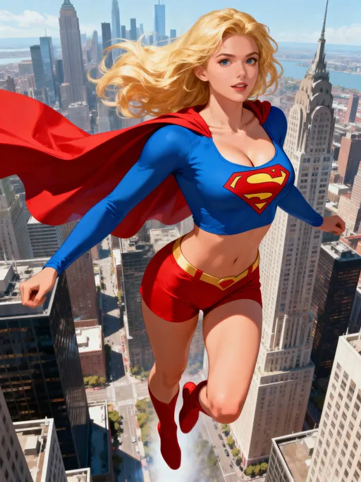 Prompt: A well endowed blonde Supergirl in a revealing low-cut top and red hotpants. Floating above the city.