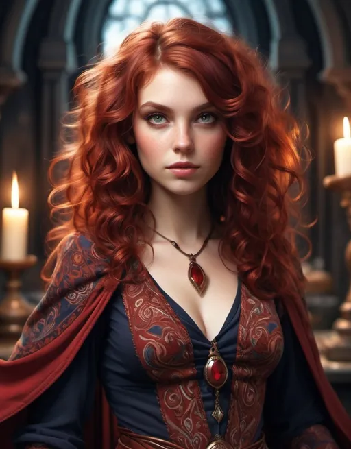 Prompt: Mage Crimson, paisley patterns, auburn hair, curls, well endowed, bohemian heroine of the night, here to save the world from dark magic.