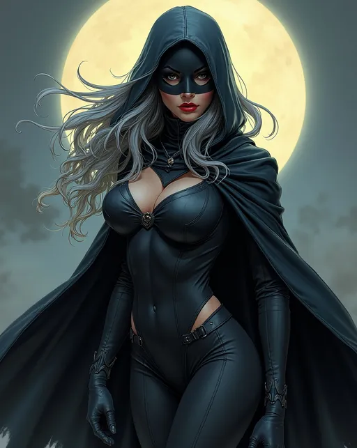 Prompt: Cloaked female superhero The Ghost Hawk, grey hair, beautiful, haunting, domino mask, well endowed, a halo of the moon behind her, detailed, dark colors, dramatic, full body pose graphic novel illustration,  2d shaded retro comic book by Adam Hughes 