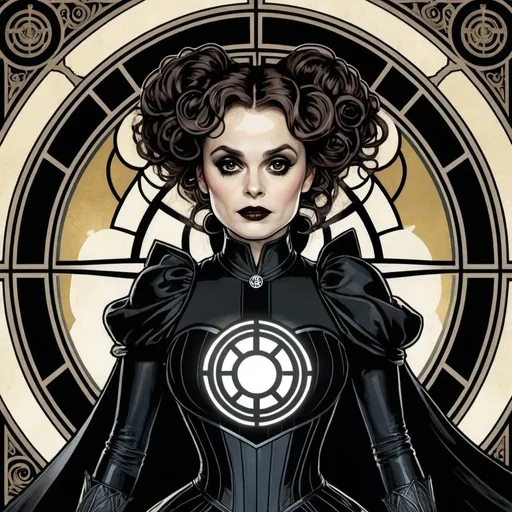 Prompt: Helena Bonham Carter as Black Lantern by Alphonse Mucha