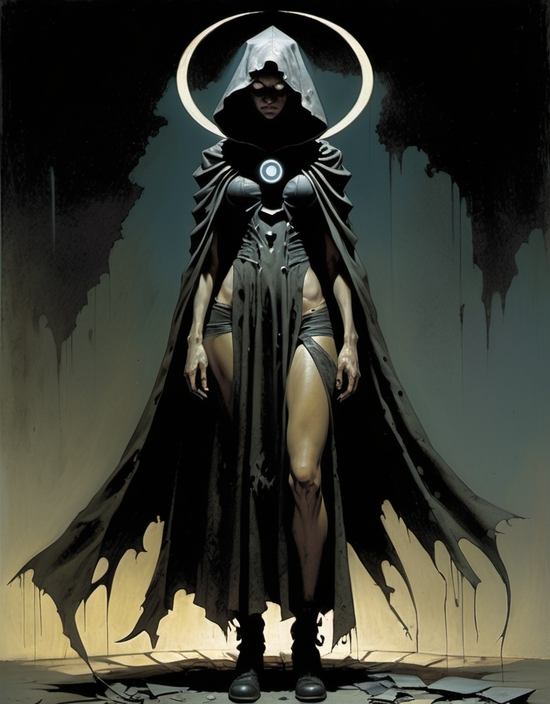 Prompt: Cloaked night time vigilante hero, The Tattered Woman, beautiful, well endowed, full body costume of patches and rags, a halo of shadows behind her by Dave McKean