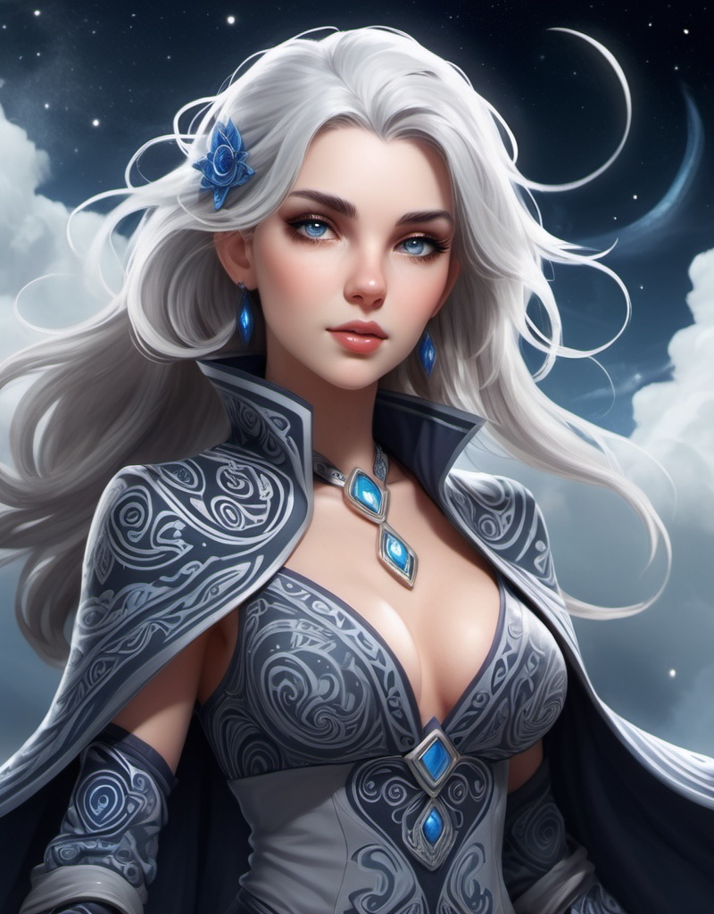 Prompt: Elodie, The Sky Sorceress, beautiful, well endowed, grey hair, paisley patterns, heroine of the night.