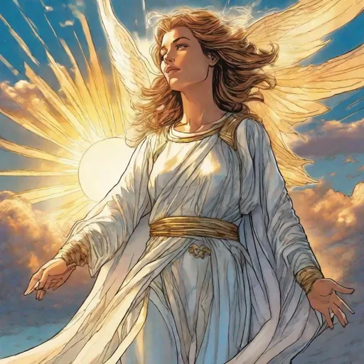 Prompt: From the Kingdom of Heaven, a beautiful female figure in transparent white appears in the sky with the light of the sun in her hands. Vibrant painted 90's comic book graphic novel illustration.