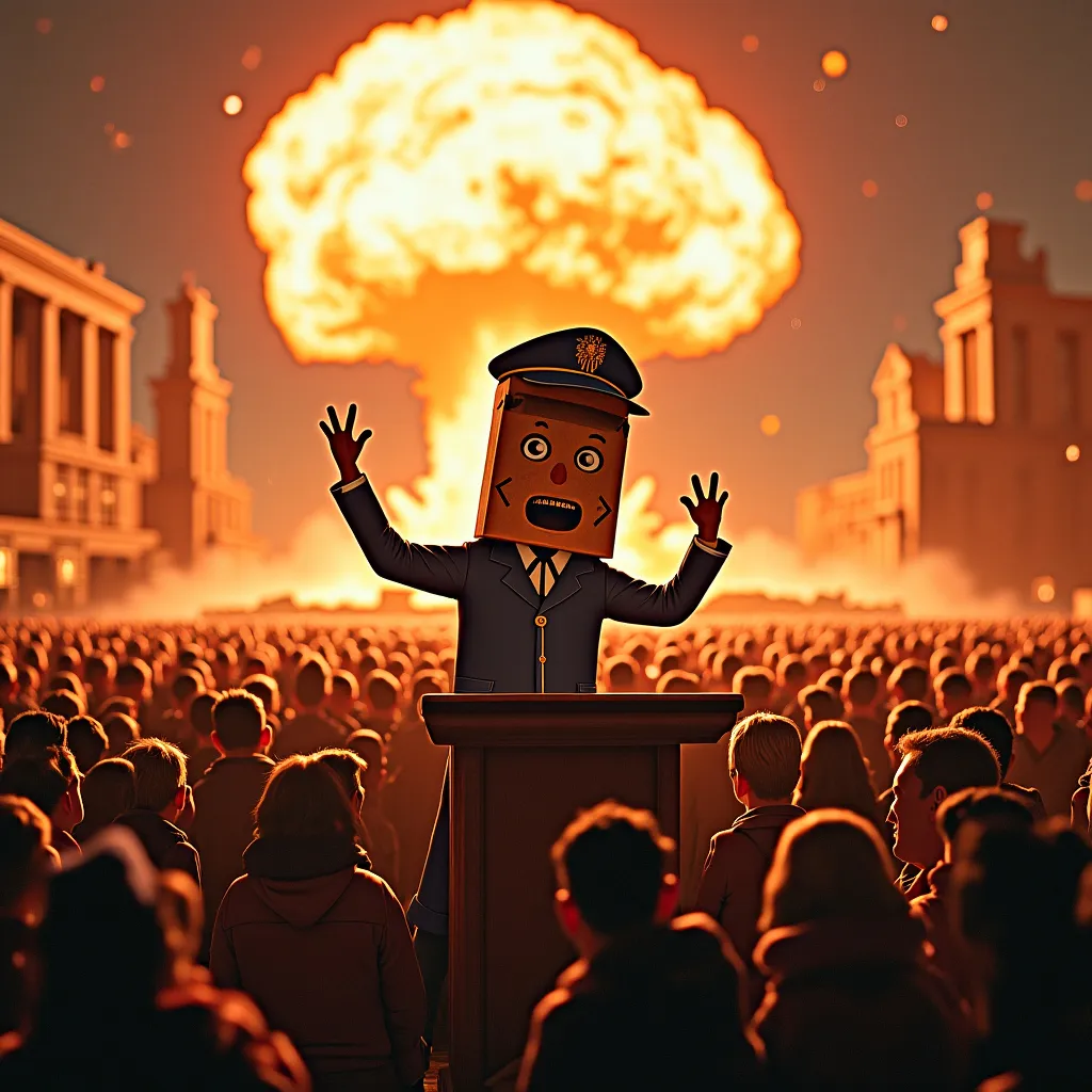 Prompt: a cheering crowd in a town square. in front of the crowd is a stage with a speakers podium. a square wooden block post is the speaker. the post has <myself> facial features and looks insane. the post wears a military cap. the post speaks intensly with risen arms. he announces that the world is coming to an end. a nuclear bomb explodes in the background. the lighting of the scene ist intense with contrast colors.