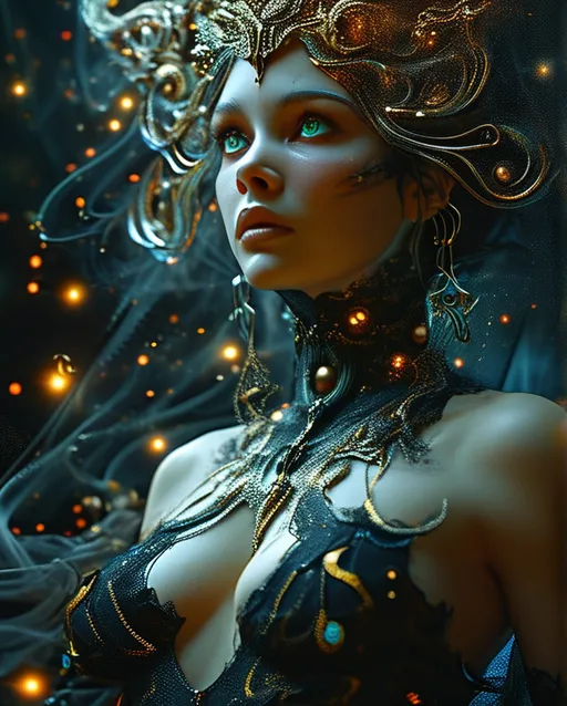 Prompt: The Goddess of Entropy, beautiful, well endowed (ethereal) figure surrounded by swirling chaos, delicate yet imposing, vibrant cosmic colors, cosmic dust and stars, flowing gown of dark matter, an expression of mystique and power, dynamic aura embodying destruction and creation, (highly detailed) HD, fantastical background of nebulae and black holes, (4K resolution), mesmerizing and breathtaking ambiance.