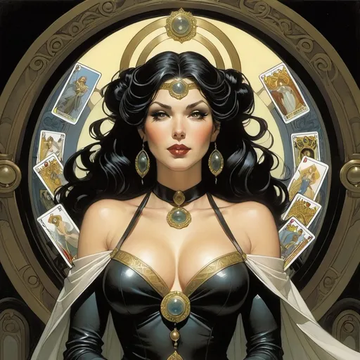 Prompt: Keeper of the Doorway To Nightmare, immortal, seer, the beautiful, well endowed Madame Xanadu with a halo of Tarot cards behind her, by Adam Hughes
