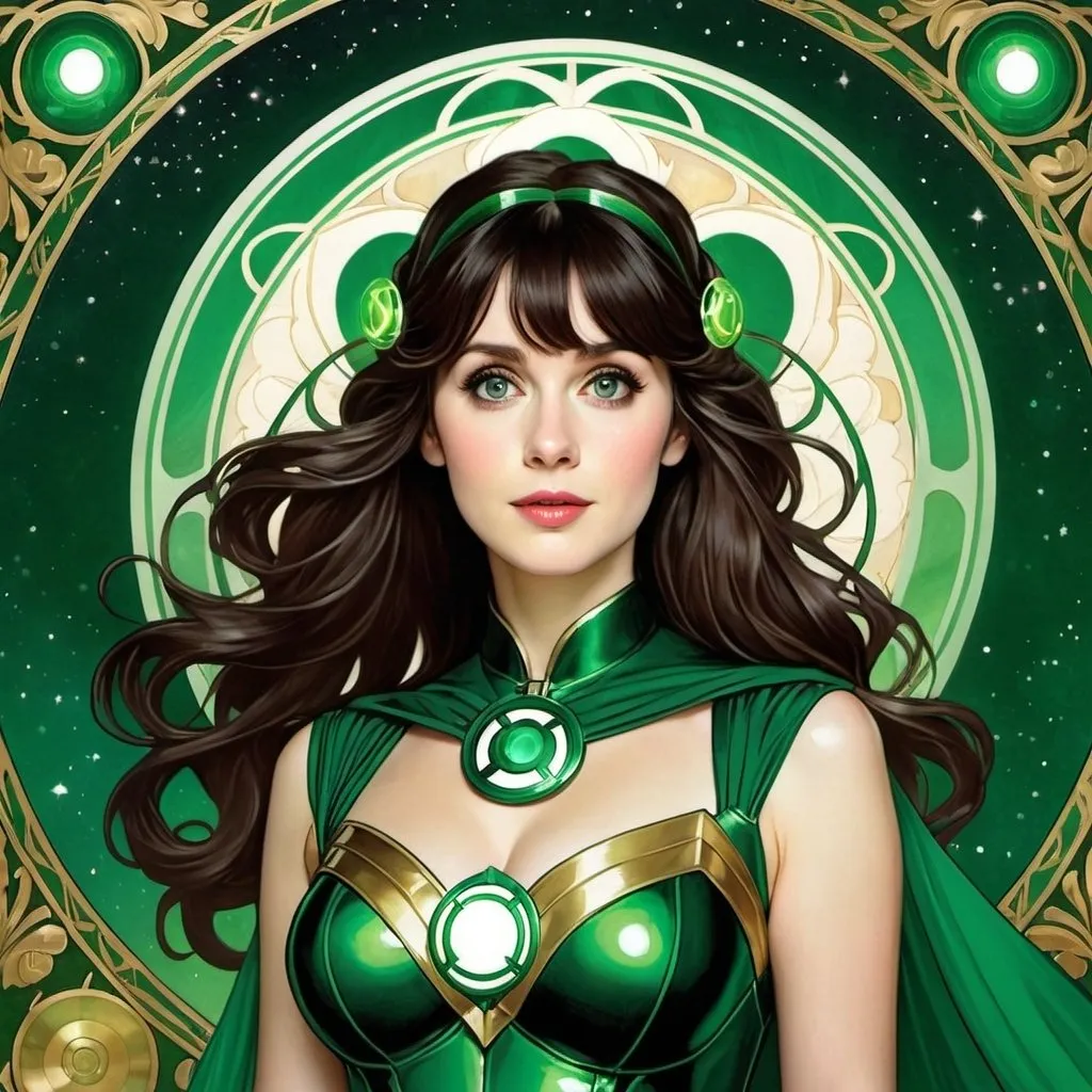 Prompt: Zooey Deschanel as Green Lantern by Alphonse Mucha