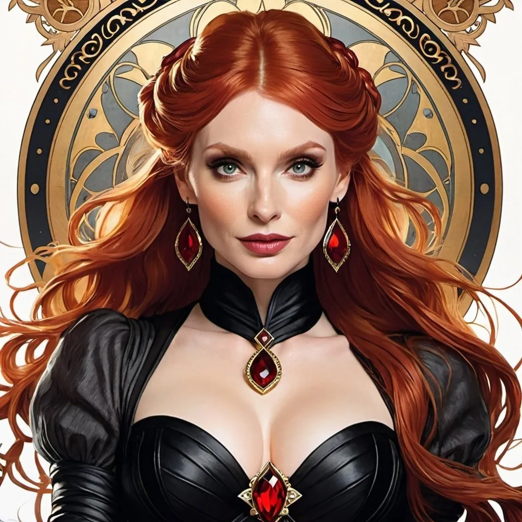 Prompt: Bryce Dallas Howard as Madelyne Pryor The Goblin Queen by Alphonse Mucha 