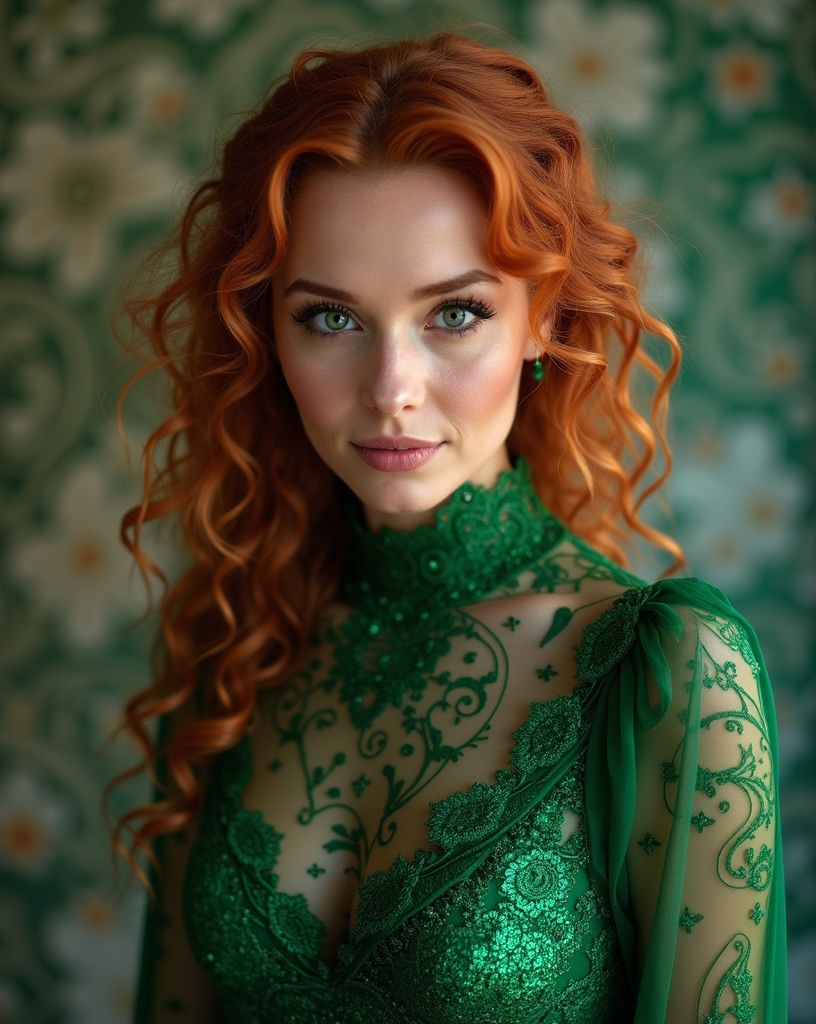 Prompt: Mage Emerald, paisley patterns, Irish, auburn hair, curls, well endowed, sorceress, heroine of the night, here to save the world from dark magic.