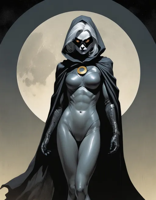 Prompt: Cloaked female superhero The Ghost Hawk, grey hair, beautiful, haunting, domino mask, well endowed, a halo of the moon behind her, detailed, dark colors, dramatic, full body pose graphic novel illustration,  2d shaded retro comic book by Dave McKean