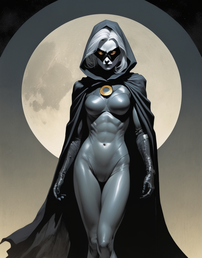 Prompt: Cloaked female superhero The Ghost Hawk, grey hair, beautiful, haunting, domino mask, well endowed, a halo of the moon behind her, detailed, dark colors, dramatic, full body pose graphic novel illustration,  2d shaded retro comic book by Dave McKean