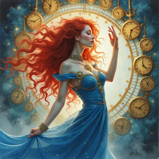 Prompt: (watercolor style), Lynia Tempus, The Sorceress Of Time And Space, (ethereal beauty), enchanting, (vibrant reds and blues), red curly hair, (well-endowed), surrounded by a halo of intricately designed clocks, whimsical atmosphere, cosmic elements, soft lighting, dreamlike quality, fluid motion, ultra-detailed, (masterpiece).