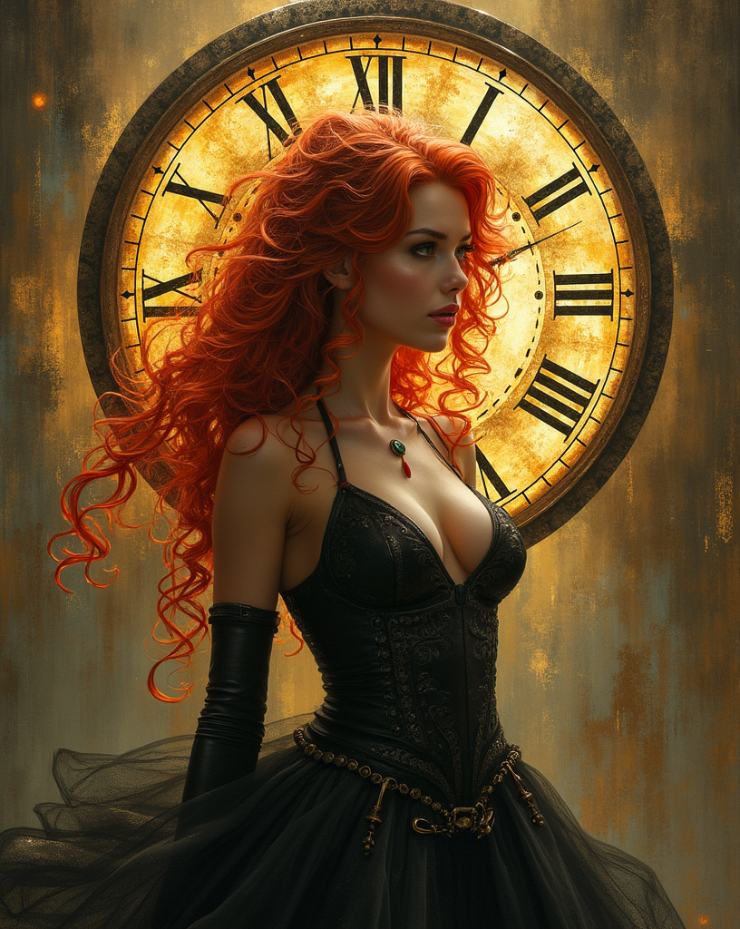Prompt: Lynia Tempus, The Sorceress Of Time And Space, beautiful, well endowed, red hair, curls, a halo of clocks behind her by Ben Templesmith