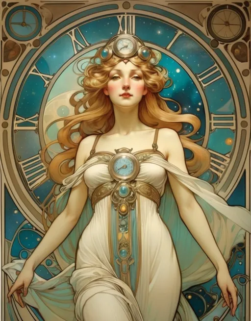 Prompt:  Lynia, The beautiful Queen Of Time And Space returns by Alphonse Mucha