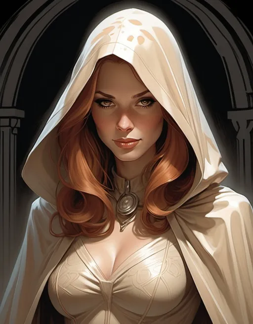 Prompt: Jaime Lynne, the cloaked ghostly superhero known as The Apparition, beautiful, soft gentle smile, well endowed,  light auburn hair, art deco patterns, semi-transparent, hero, the paranormal bringer of justice against the forces of darkness by Adam Hughes