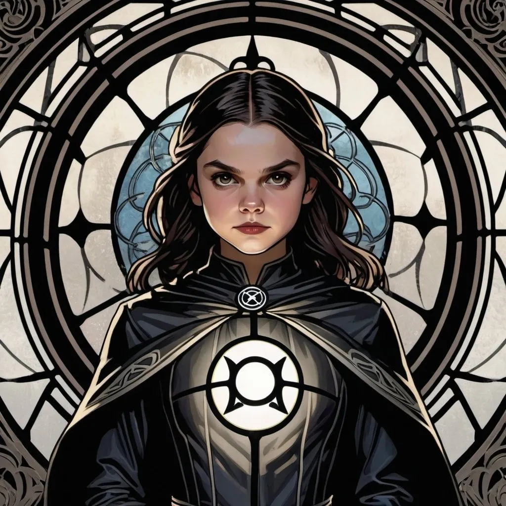 Prompt: Dafne Keen as Black Lantern by Alphonse Mucha