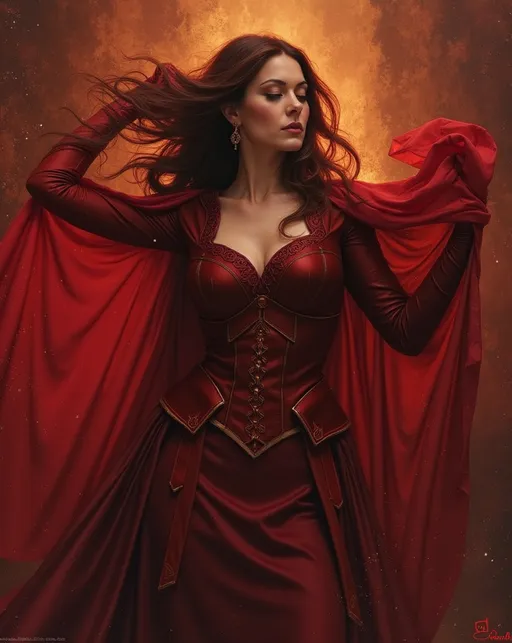 Prompt: Kat Dennings as The Scarlet Witch by Alphonse Mucha