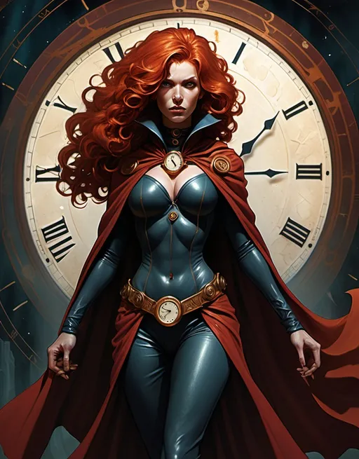 Prompt: Cloaked female superhero Lynia Tempus, The Sorceress Of Time And Space, beautiful,  red hair, curls, haunting,  well endowed, a halo of clocks behind her, detailed, dark colors, dramatic, full body pose graphic novel illustration,  2d shaded retro comic book by Ben Templesmith