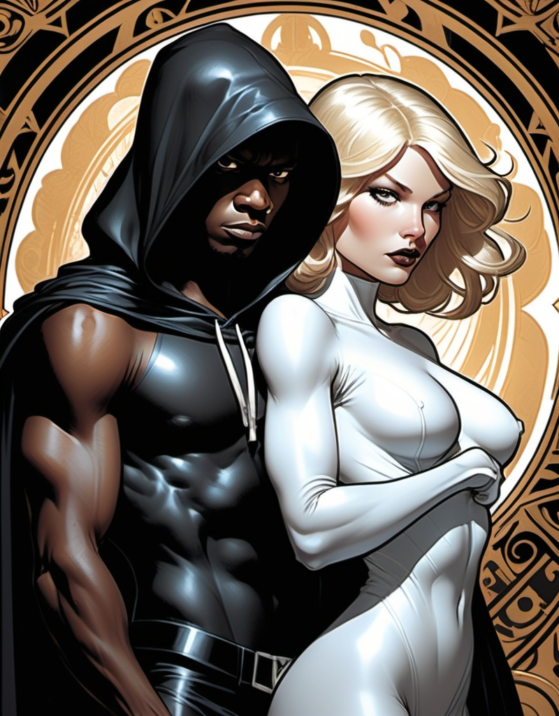 Prompt: Cloak and Dagger from Marvel Comics, dynamic composition featuring a beautiful, well-endowed white female in a stunning costume, alongside a hooded black male in all-black attire, dramatic dark colors, detailed graphic novel illustration, iconic 2D shaded retro comic book style, inspired by Alphonse Mucha's unique aesthetic, emphasizing emotion and depth, ultra-detailed, rich textures, captivating ambiance.