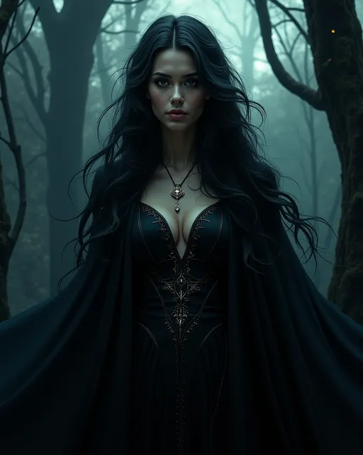 Prompt: The Queen of Shadows, (mysterious), enigmatic figure draped in flowing dark robes, intricate silver detailing, (elegant pose), surrounded by swirling shadows, ethereal glow in her eyes, (dramatic lighting) casting shadows on a hauntingly beautiful background, (dark forest or ancient castle), high depth, cinematic quality, (magical ambience), deep contrast between light and dark, (ultra-detailed) atmosphere filled with intrigue and elegance.