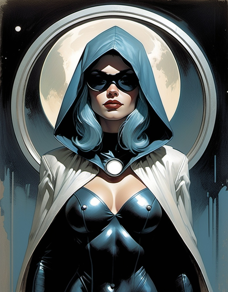 Prompt: Tara Grant, the hooded superhero vigilante known as Moonglow, beautiful, soft gentle smile, well endowed, raven / pale blue hair, circular mirror shades, full body pose, art deco lunar patterns, hero, the bringer of justice against the forces of evil in the night by Bill Sienkiewicz