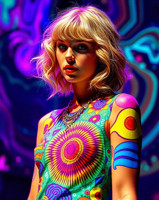 Prompt: Taylor Swift as a psychedelic acid trip full body vision