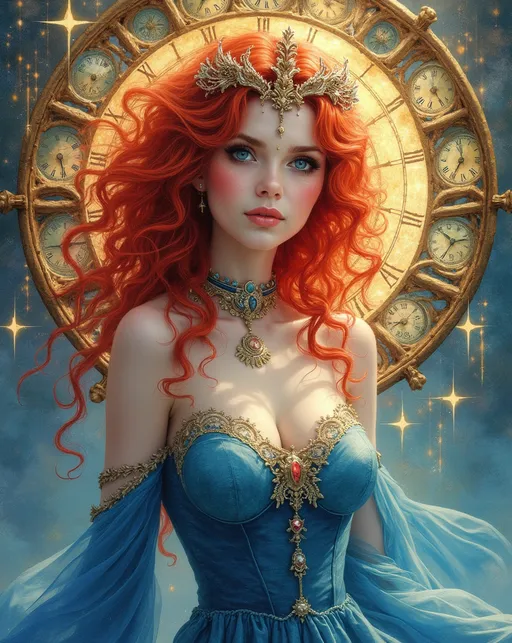 Prompt: (watercolor style), Lynia Tempus, The Sorceress Of Time And Space, (ethereal beauty), enchanting, (vibrant reds and blues), red curly hair, (well-endowed), surrounded by a halo of intricately designed clocks, whimsical atmosphere, cosmic elements, soft lighting, dreamlike quality, fluid motion, ultra-detailed, (masterpiece).