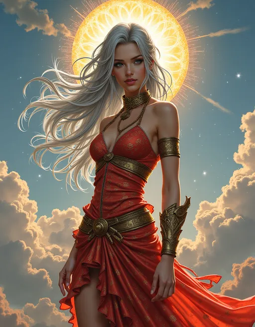 Prompt: Elodie, The Sky Sorceress, beautiful, well endowed, grey hair, paisley patterns, daughter of the sun.