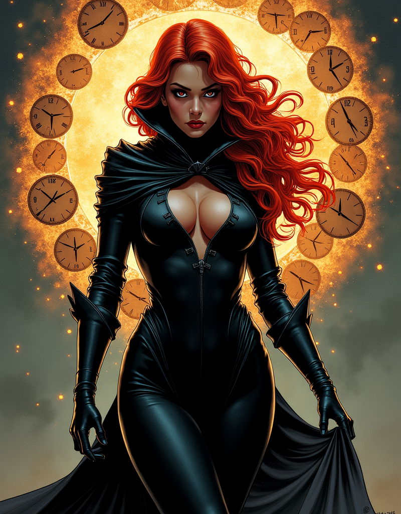 Prompt: Cloaked female superhero Lynia Tempus, The Sorceress Of Time And Space, beautiful,  red hair, curls, haunting,  well endowed, a halo of clocks behind her, detailed, dark colors, dramatic, full body pose graphic novel illustration,  2d shaded retro comic book by Dave McKean