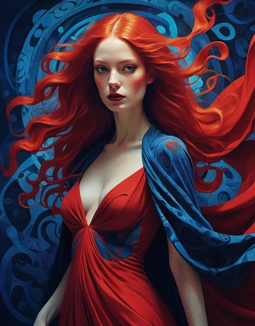 Prompt: Mage Crimson (painting of a woman in a striking red dress), vibrant, flowing red hair, red cape draping elegantly, (deep blue psychedelic background), surreal forms and patterns intertwining, created in the style of Dave McKean, rich color saturation, ethereal and dreamlike atmosphere, (intricate textures), visually captivating, 4K quality, poster art aesthetic.