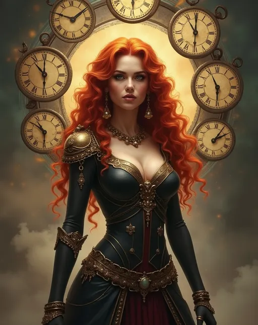 Prompt: Lynia Tempus, The Sorceress Of Time And Space, beautiful, well endowed, red hair, curls, a halo of clocks behind her.