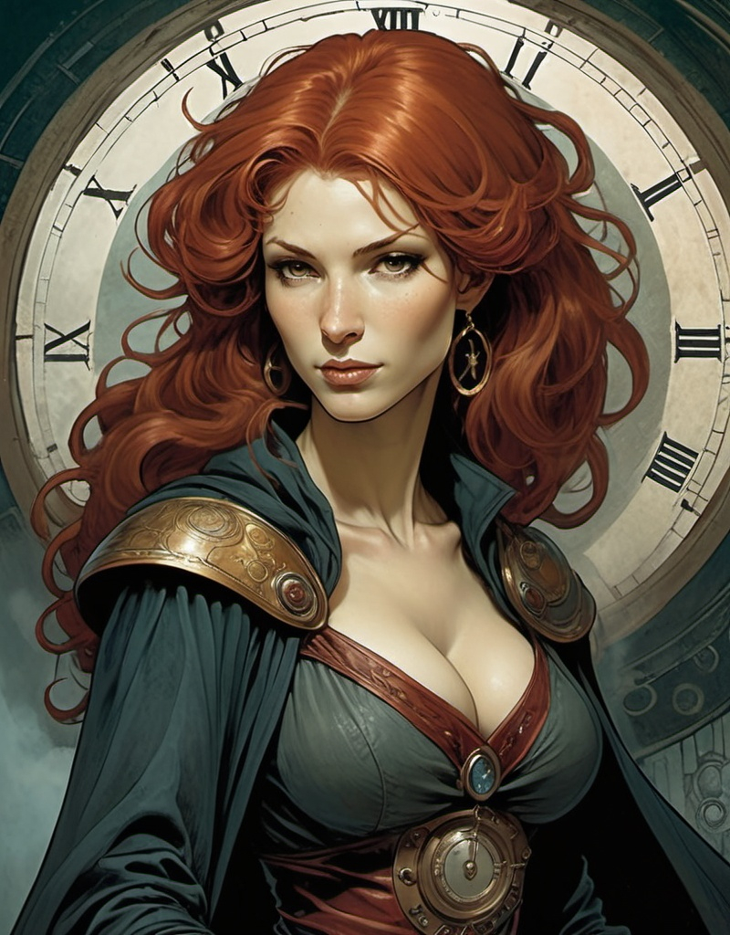 Prompt: Lynia Tempus, The Sorceress Of Time And Space, beautiful, well endowed, red hair, soft curls, soft gentle smile, a halo of clocks behind her, detailed, dark colors, dramatic, graphic novel illustration,  2d shaded retro comic book by Ben Templesmith