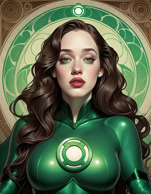 Prompt: Kat Dennings as Green Lantern by Alphonse Mucha