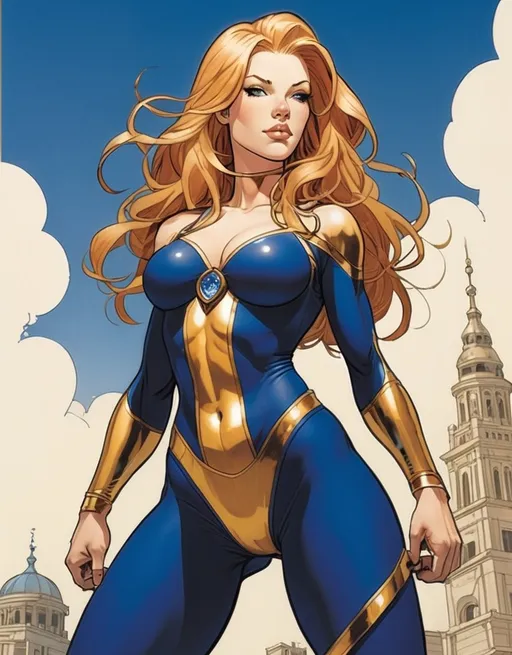 Prompt: Shauna Murphy, the giantess superhero known as Tower Girl, beautiful, blonde/auburn hair, royal blue and gold patterns,  soft gentle smile, standing 50 foot high, nemesis of evil by Adam Hughes.