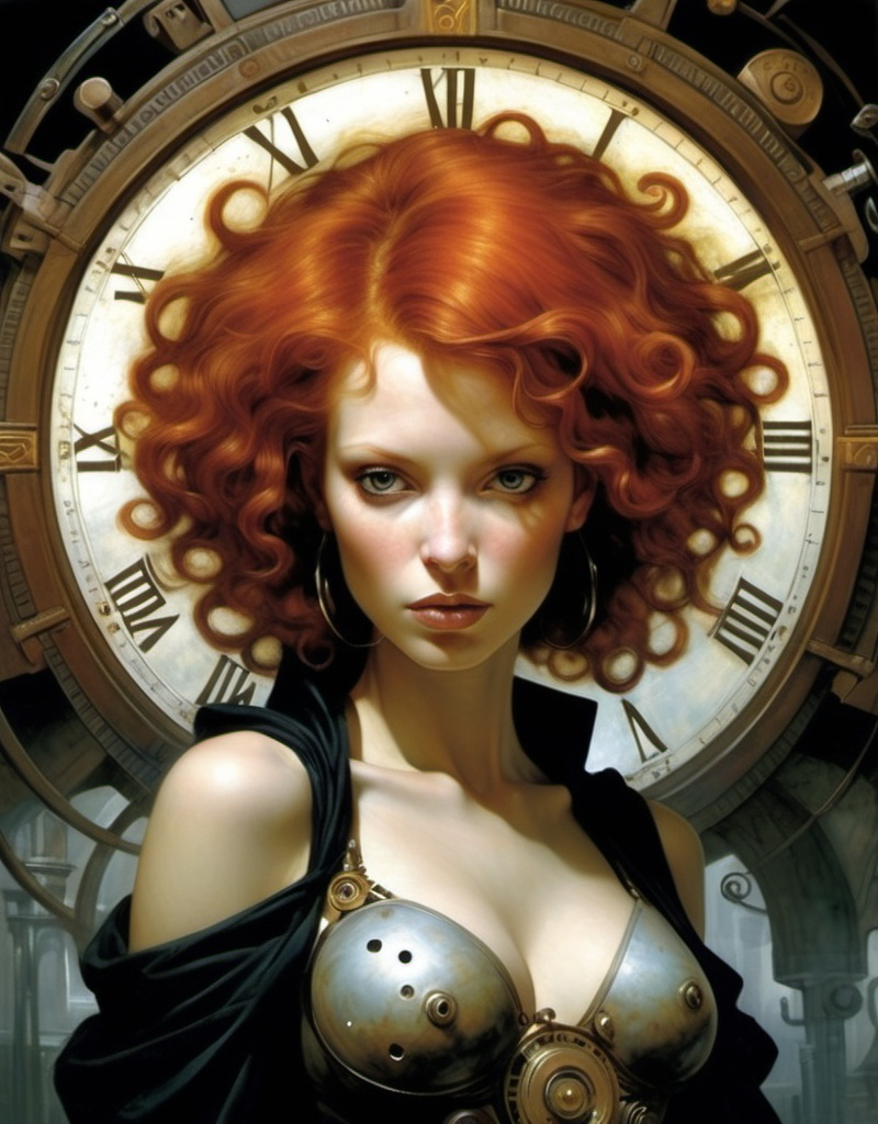 Prompt: Lynia Tempus, The Sorceress Of Time And Space, beautiful, well endowed, red hair, curls, a halo of clocks behind her by Dave McKean